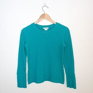 Sundance bright teal waffle knit Henley with velvet button cuff